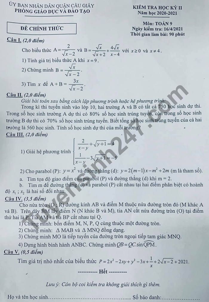 Đề Kiểm Tra Cuối Kì 2 Toán 9