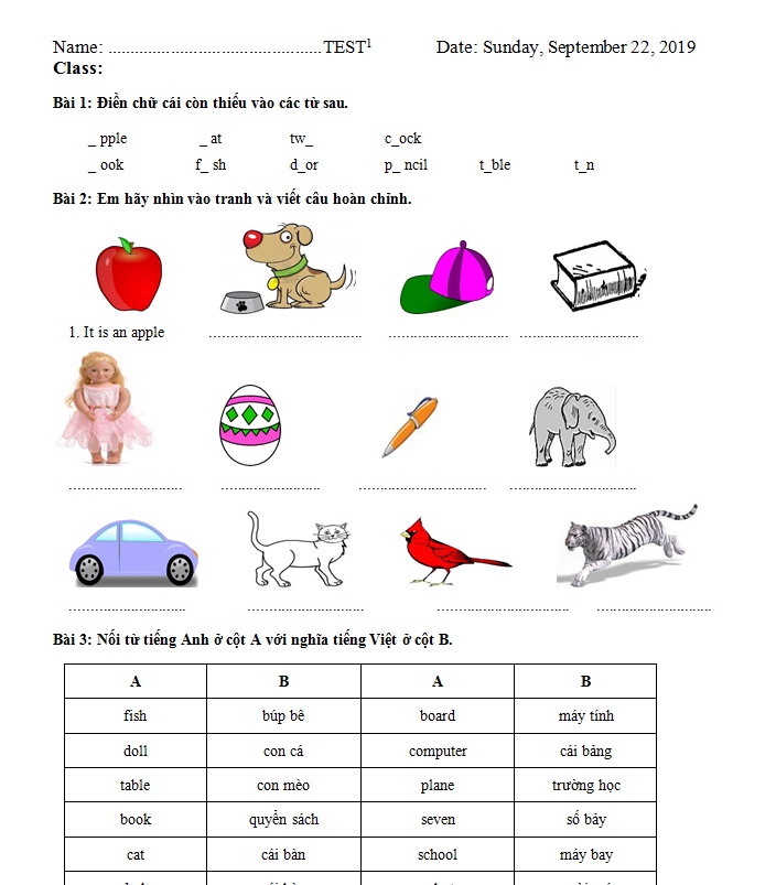 Đề Kiểm Tra Tiếng Anh Lớp 3 Chương Trình Mới