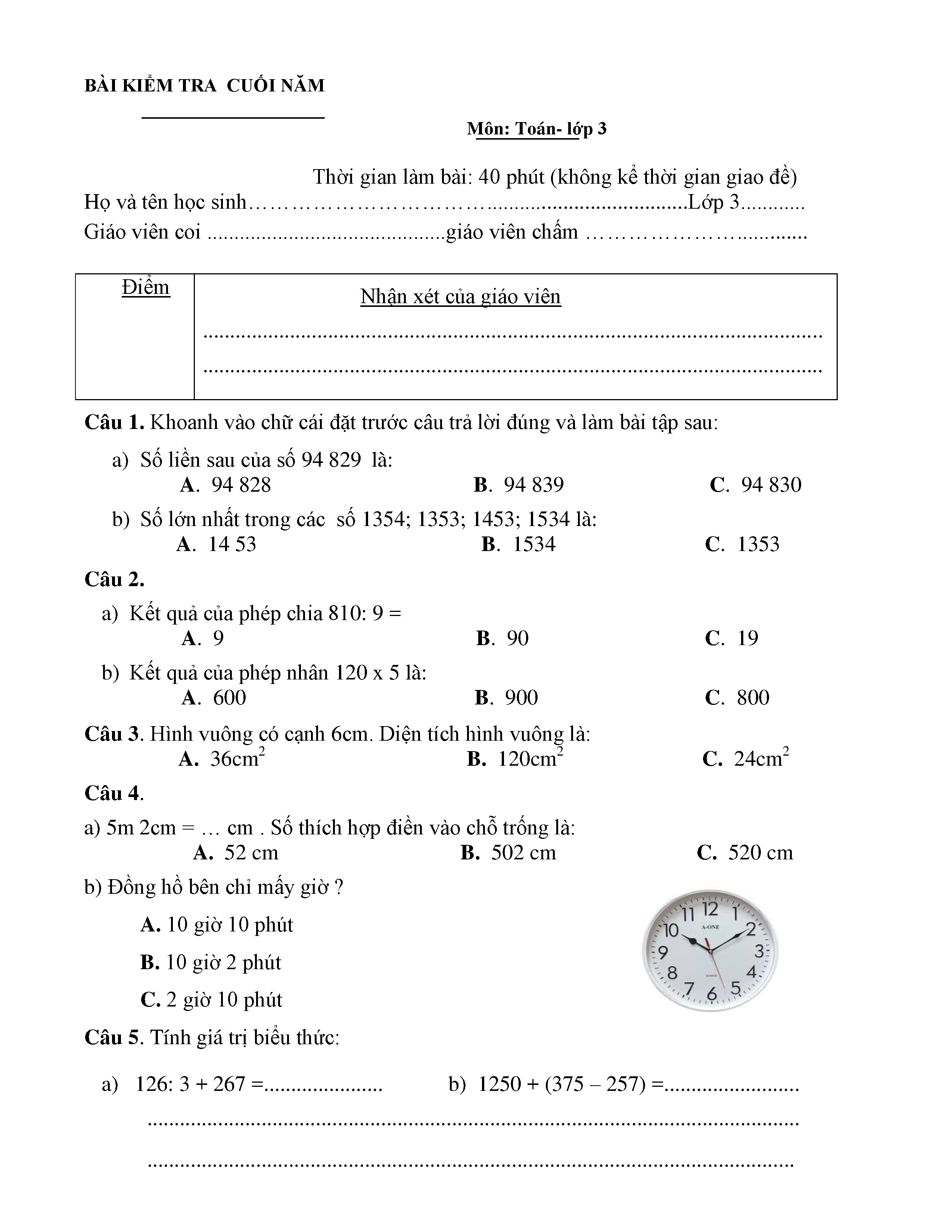 Đề Kiểm Tra Toán Lớp 3 Cuối Kì 2