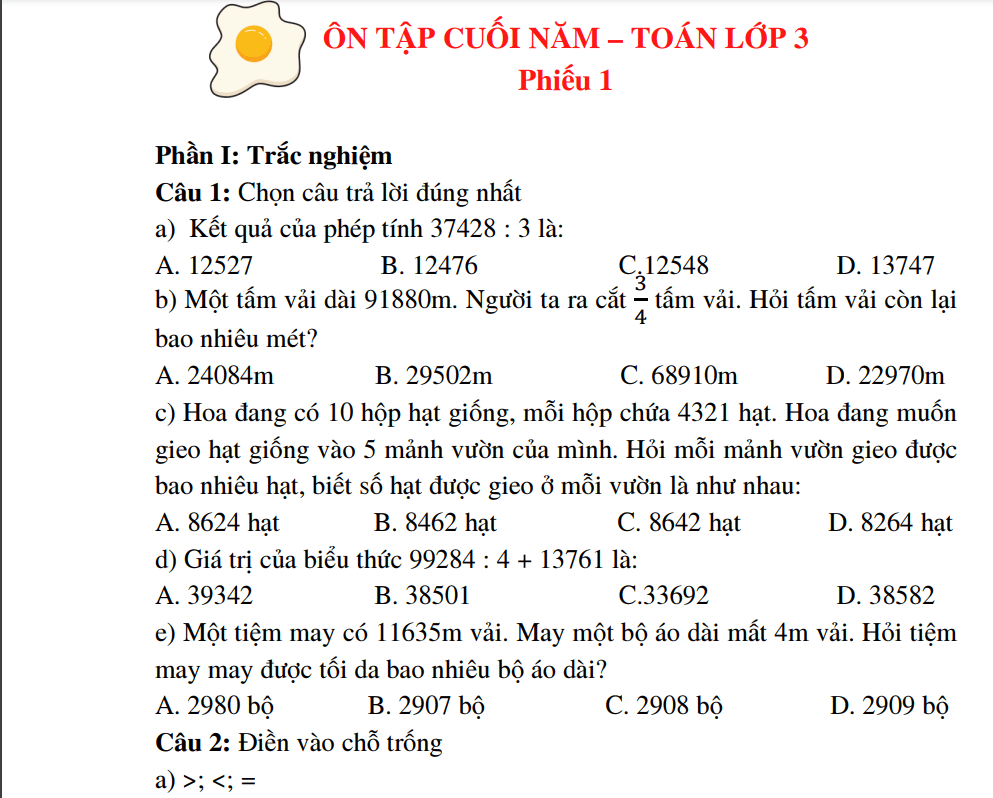 Đề Ôn Tập Cuối Năm Lớp 3: Tổng Hợp Kiến Thức Toàn Diện