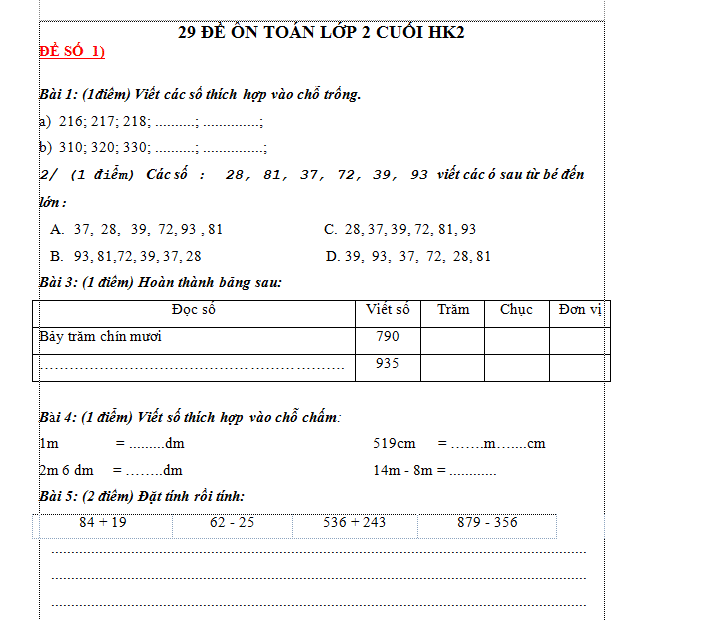 Ôn tập Toán lớp 2 cuối năm