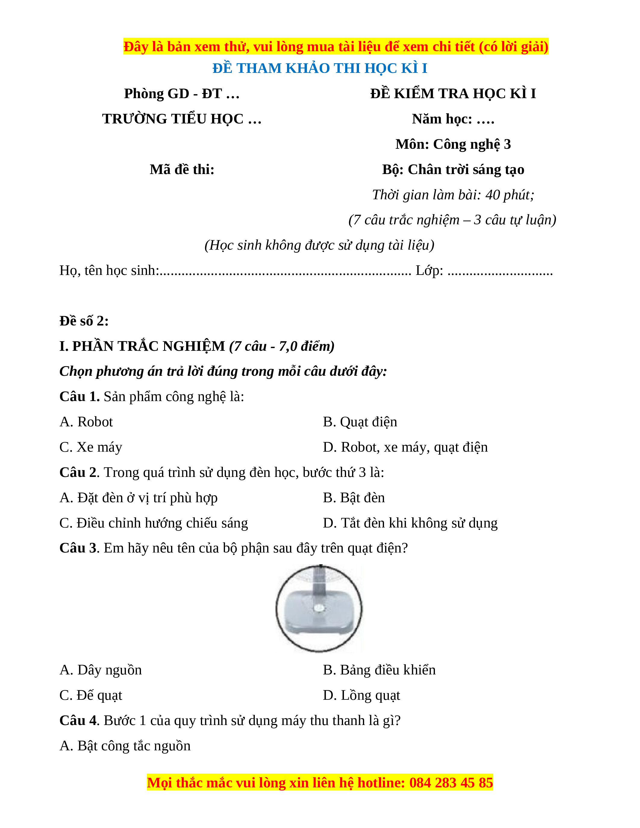 Đề Thi Công Nghệ Lớp 3 Chân Trời Sáng Tạo