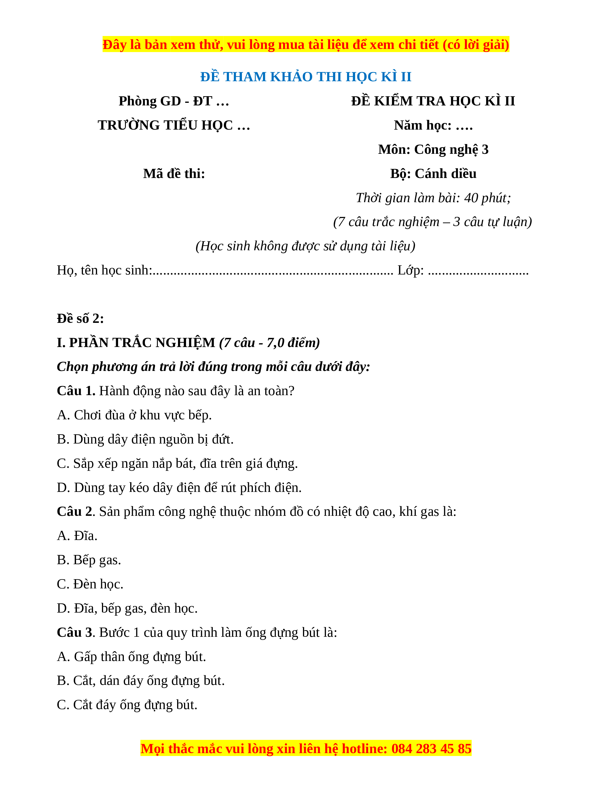 Đề thi Công nghệ lớp 3 học kì 2