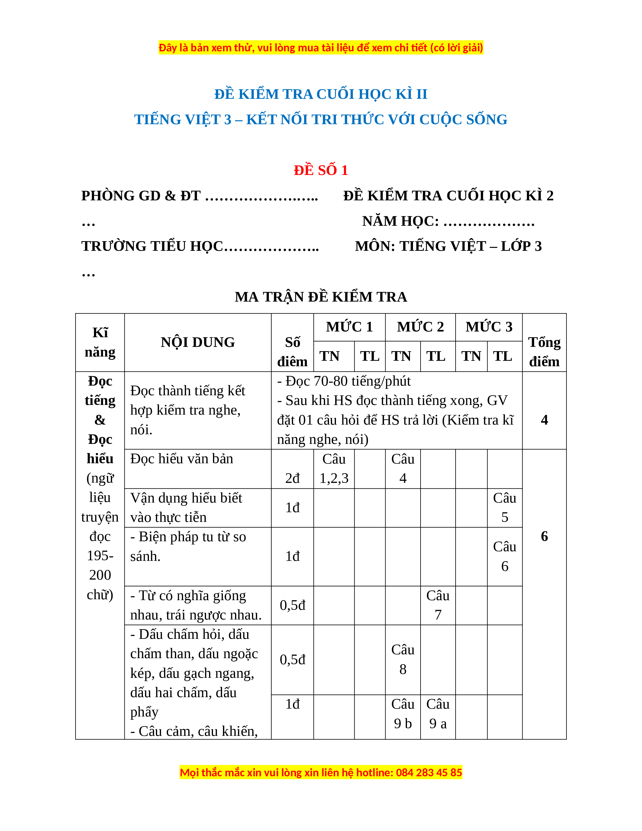 Đề Thi Cuối Kỳ 2 Lớp 3 Môn Tiếng Việt (Có Ma Trận)