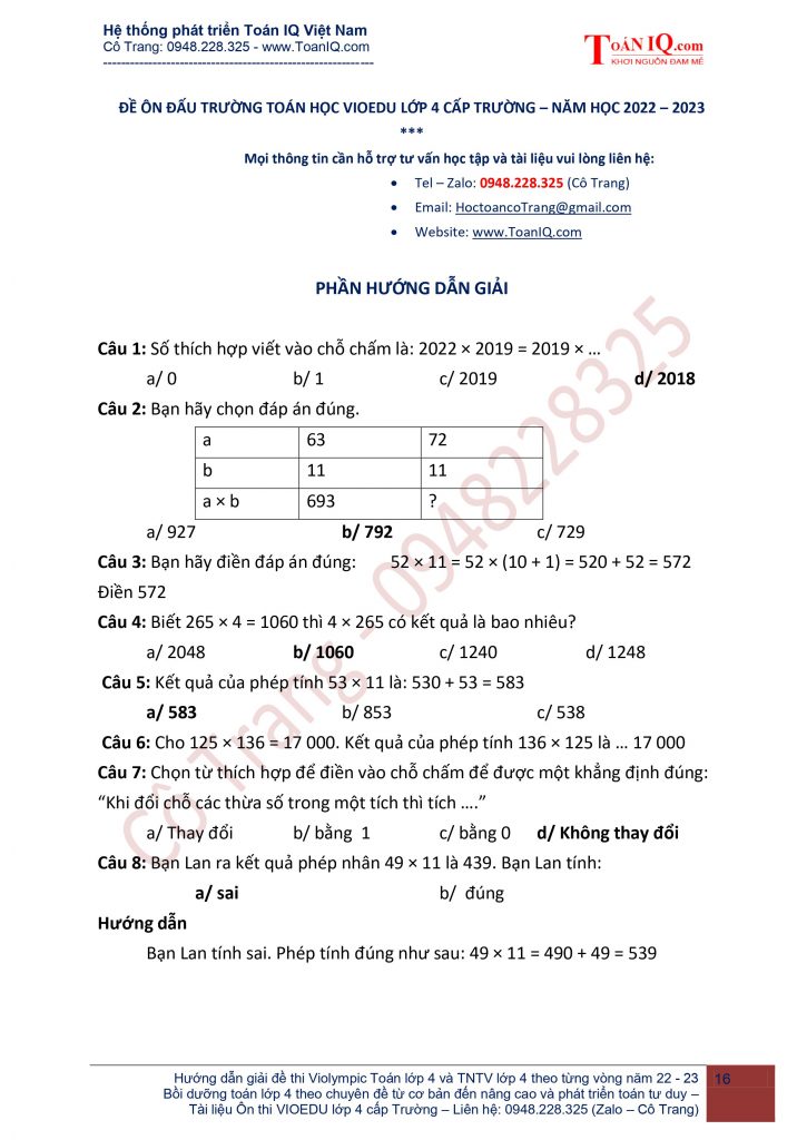 Đề thi đấu trường toán học lớp 4 cấp trường