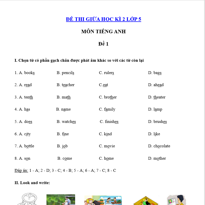 Đề thi giữa học kì 2 Tiếng Anh lớp 5 có file nghe