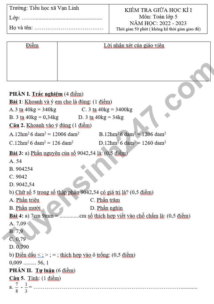 Đề thi giữa kì 1 lớp 5 môn Toán có đáp án Gallery 1