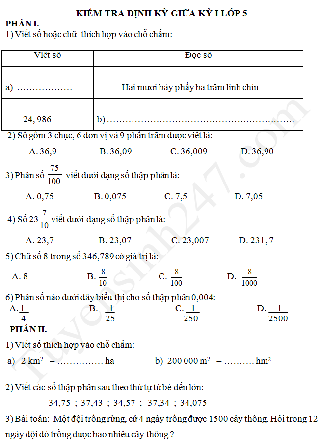 Đề thi giữa kì 1 lớp 5 môn Toán có đáp án