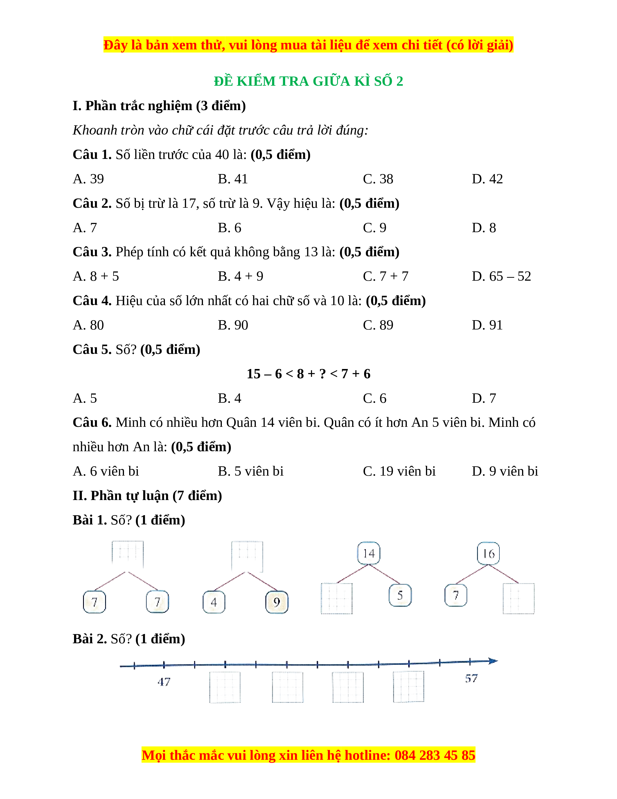Đề thi giữa kì 1 Toán lớp 2 sách Kết nối tri thức