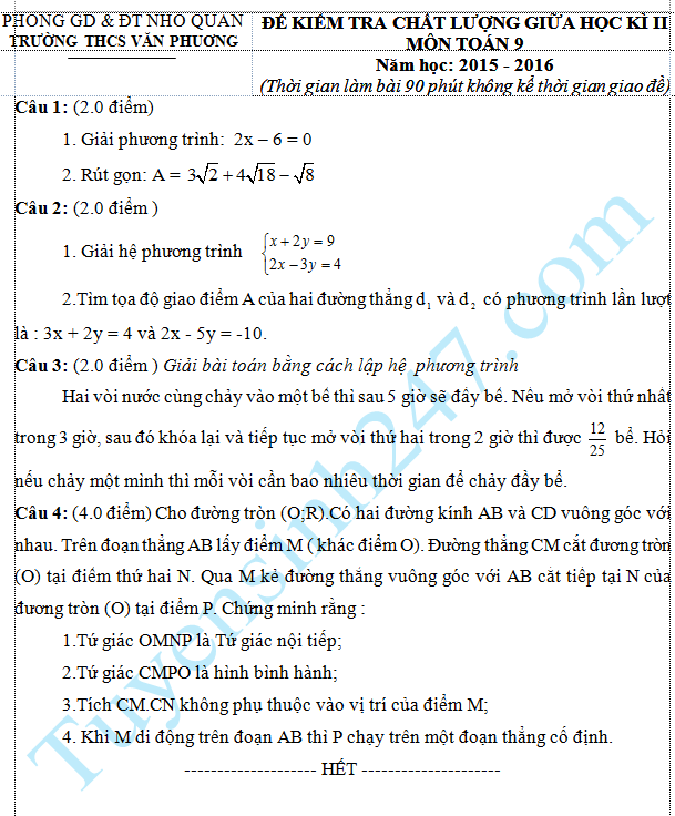 Đề Thi Giữa Kì 2 Môn Toán 9