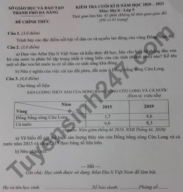 Đề thi học kì 2 Địa 9 Đà Nẵng 2019-2020