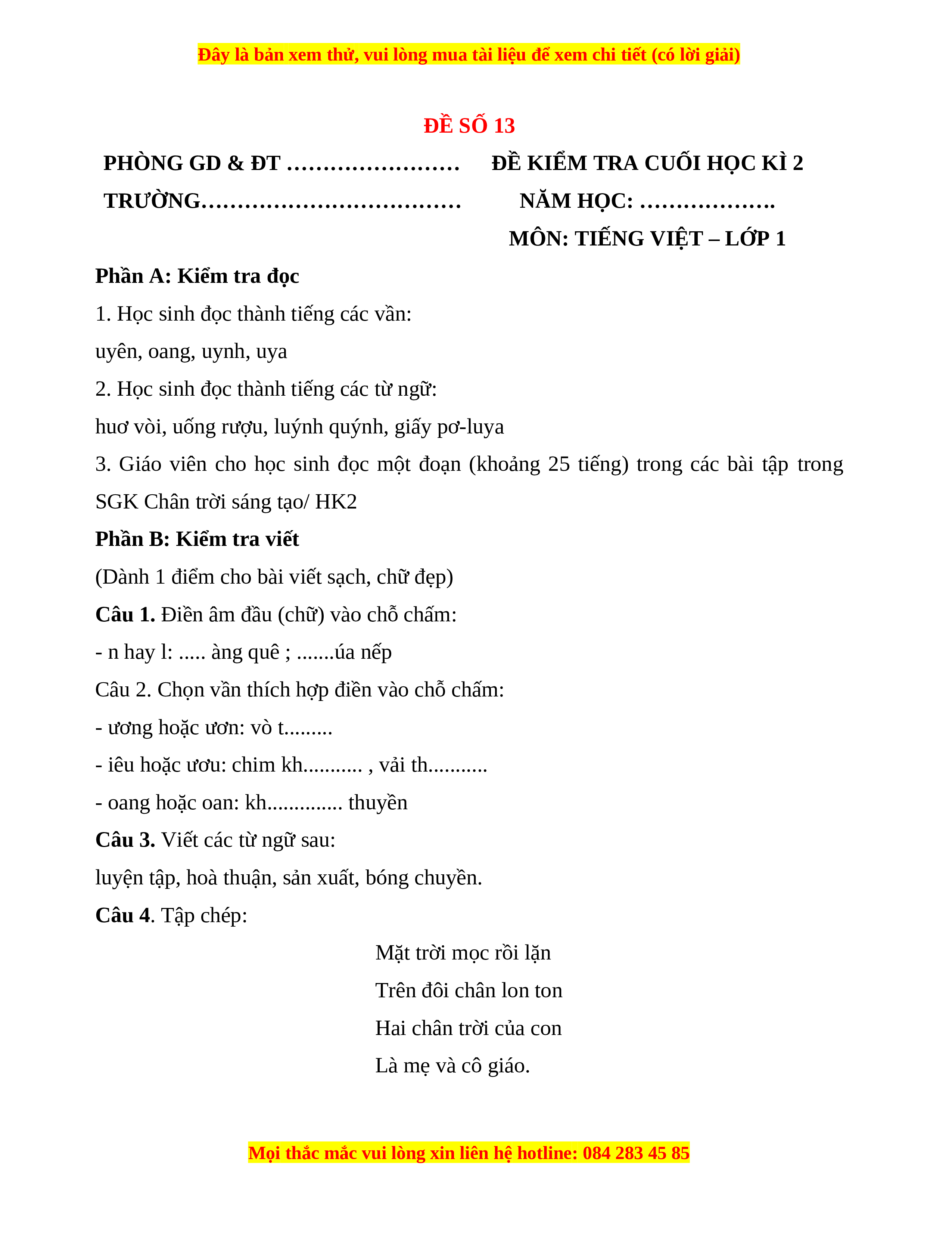 Đề thi học kì 2 lớp 1 Chân trời sáng tạo
