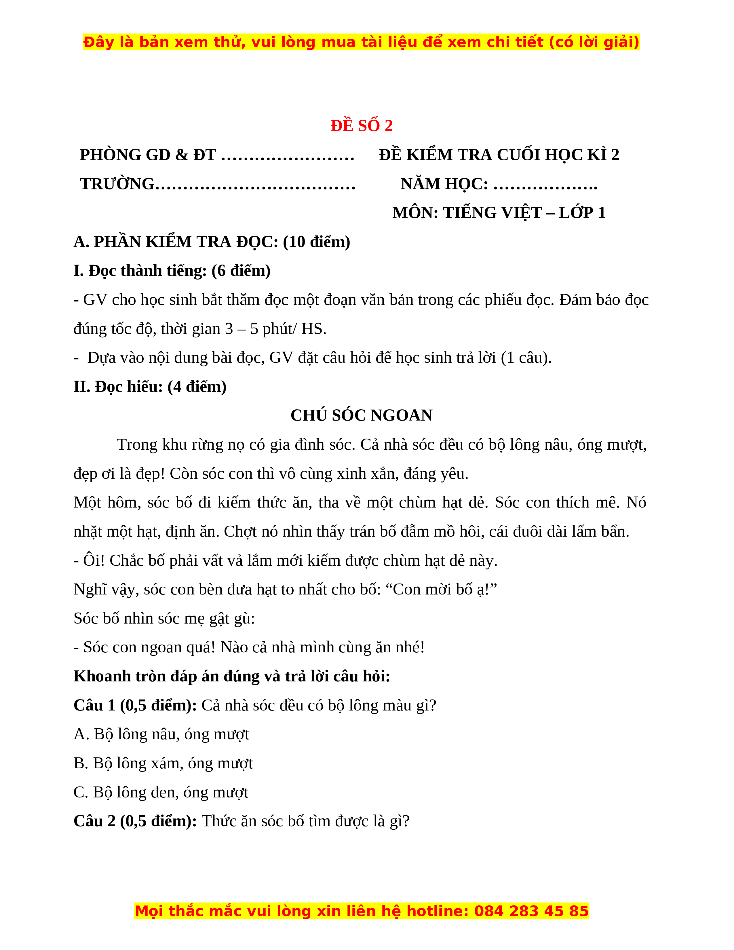 Đề thi học kì 2 lớp 1 sách Chân trời sáng tạo môn Tiếng Việt