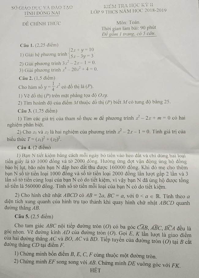 Đề thi học kì 2 lớp 9 môn Toán Đồng Nai 2019-2020 có đáp án