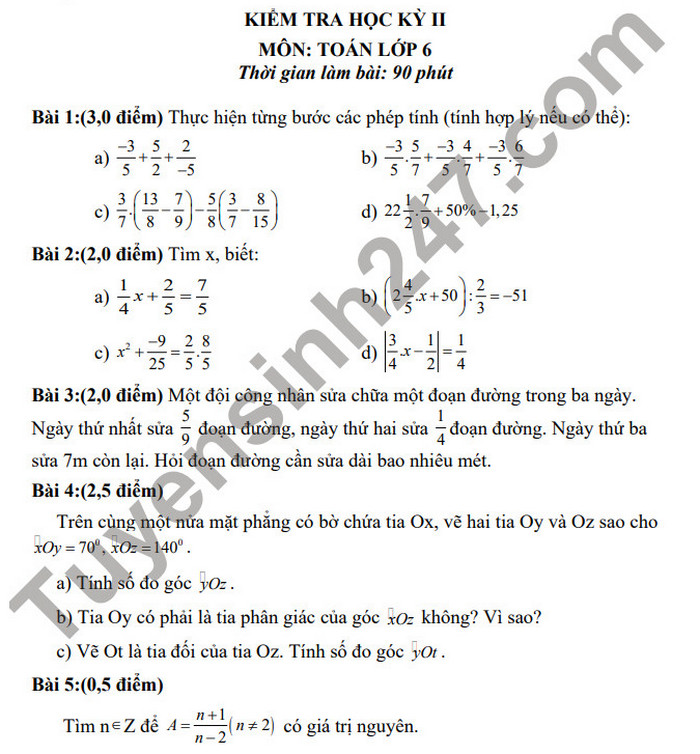 Đề thi học kì 2 Toán 6