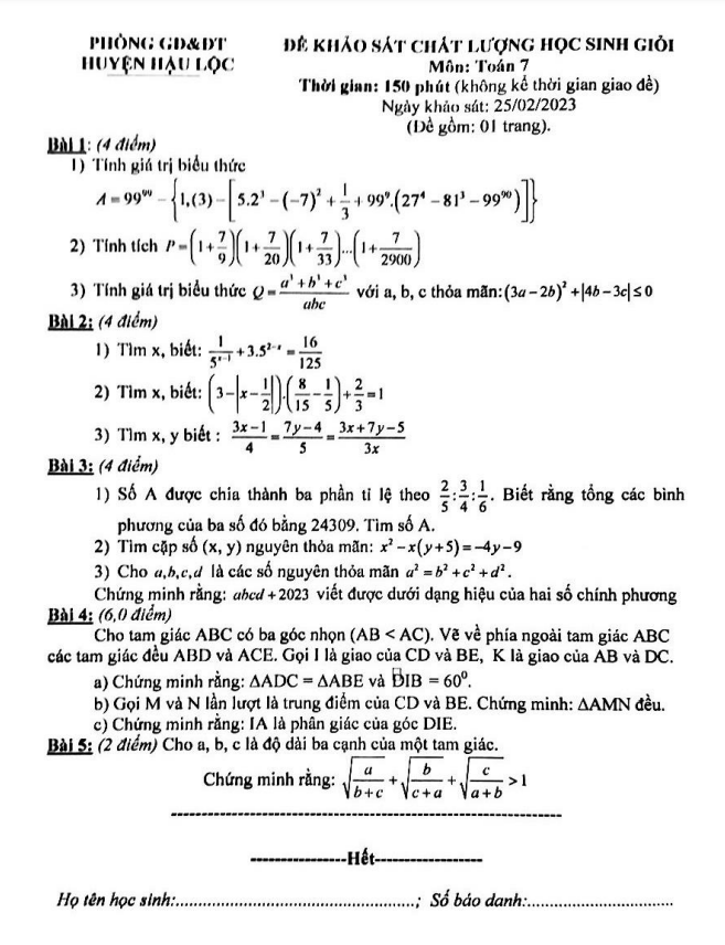 Đề thi học sinh giỏi Toán 7