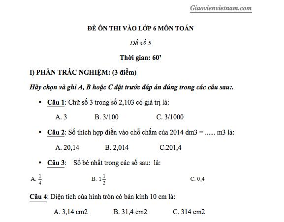 Đề Thi Vào Lớp 6 Trường Chuyên (Có Đáp Án) Gallery 1