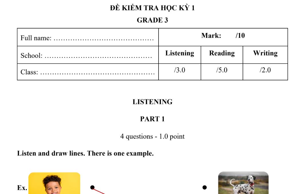 Đề thi Smart Start Grade 3 Học kì 1 có file nghe