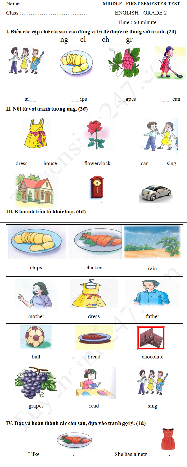 Đề thi Tiếng Anh lớp 2 giữa học kì 1