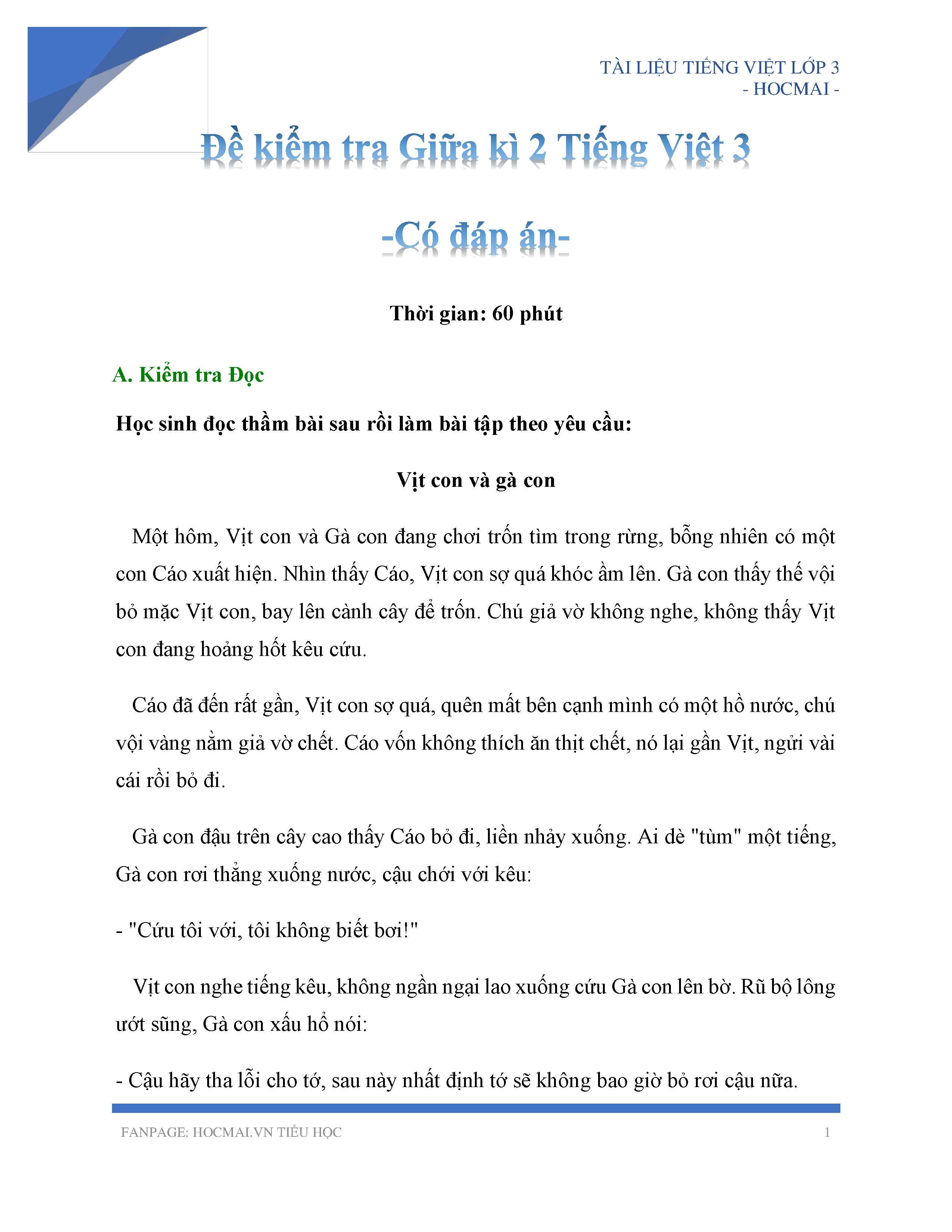 Đề Thi Tiếng Việt Lớp 3 Giữa Học Kì 2