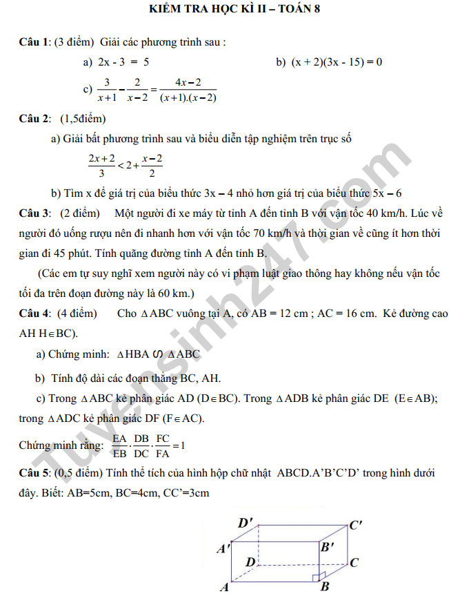 Đề thi Toán 8 Học kì 2 có đáp án