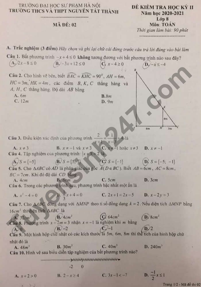 Đề thi Toán 8 Học kì 2 có đáp án Gallery 2