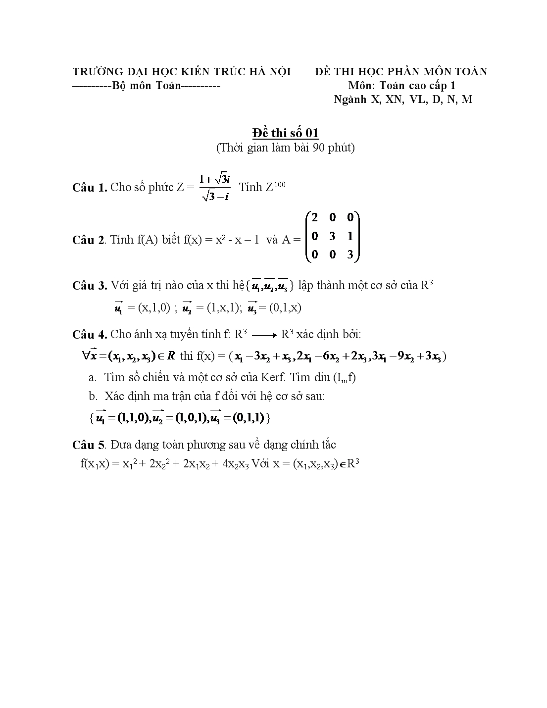 Đề Thi Toán Cao Cấp 1