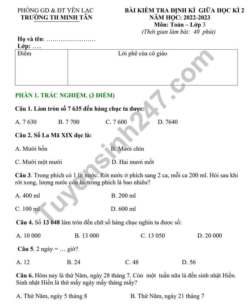 Đề Thi Toán Giữa Học Kì 2 Lớp 3