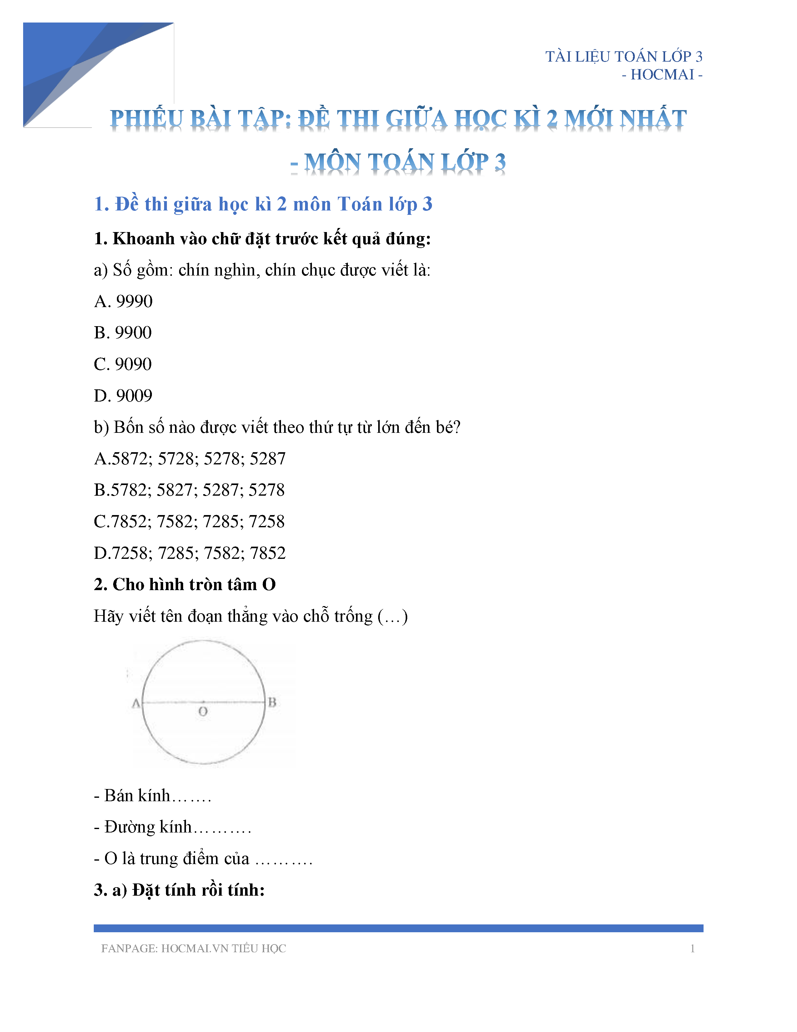 Đề Thi Toán Giữa Học Kì 2 Lớp 3 Gallery 2