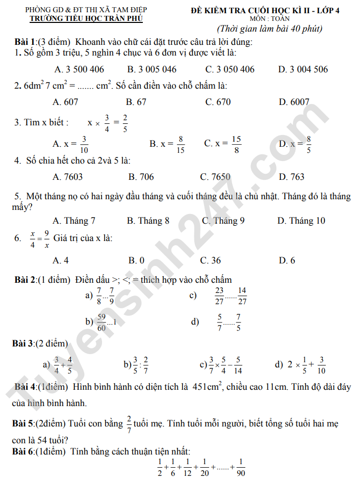 Đề Thi Toán Học Kì 2 Lớp 4