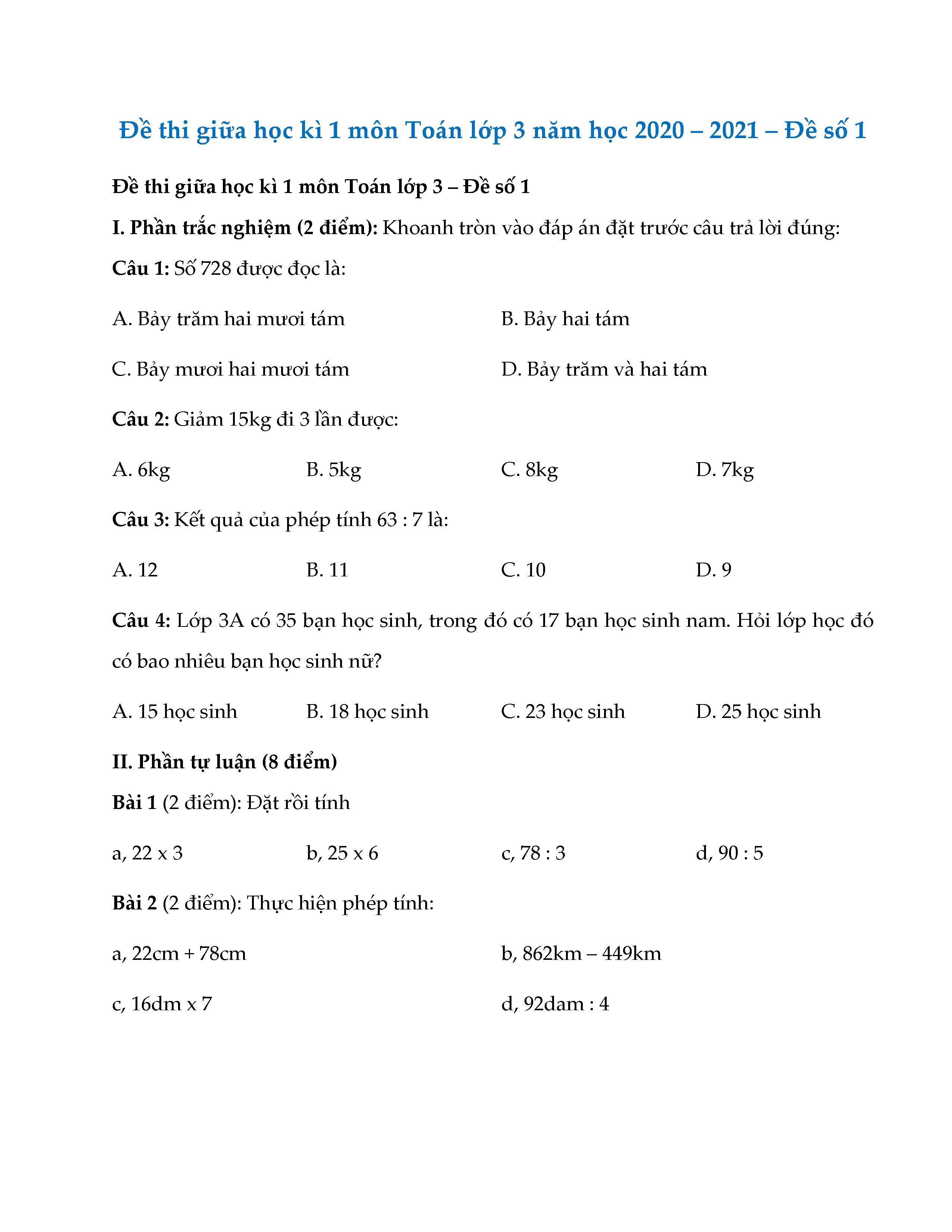 Đề thi Toán lớp 3 giữa kì 1