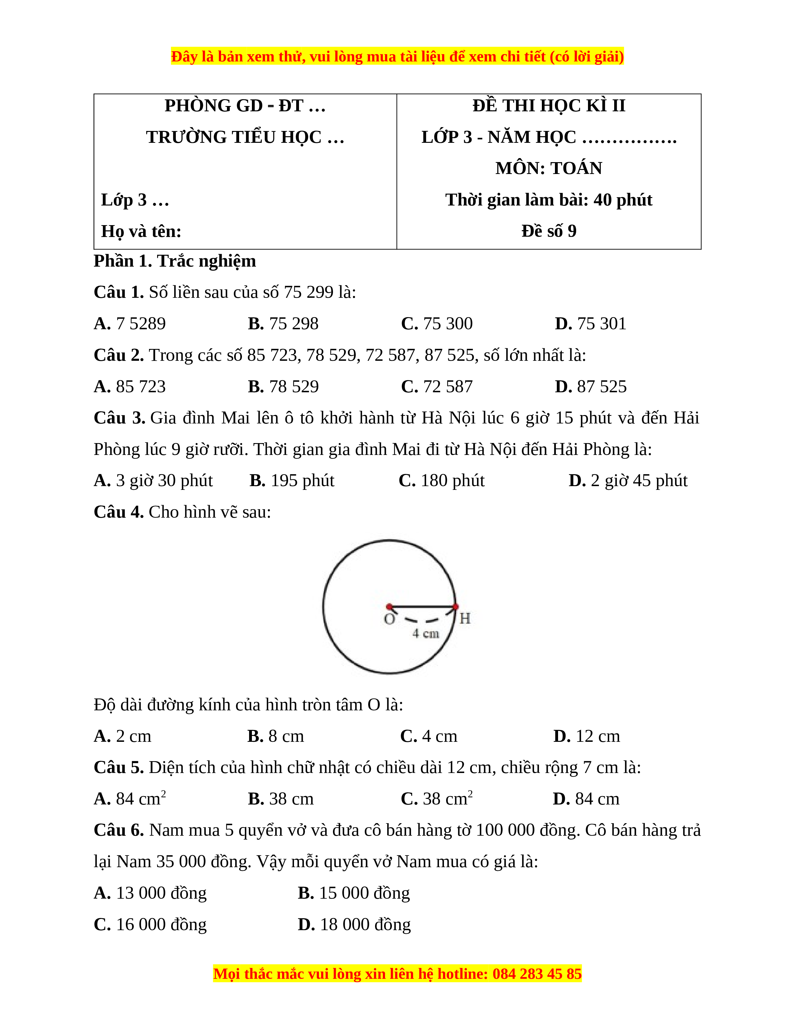Đề Thi Toán Lớp 3 Học Kì 2 Kết Nối Tri Thức