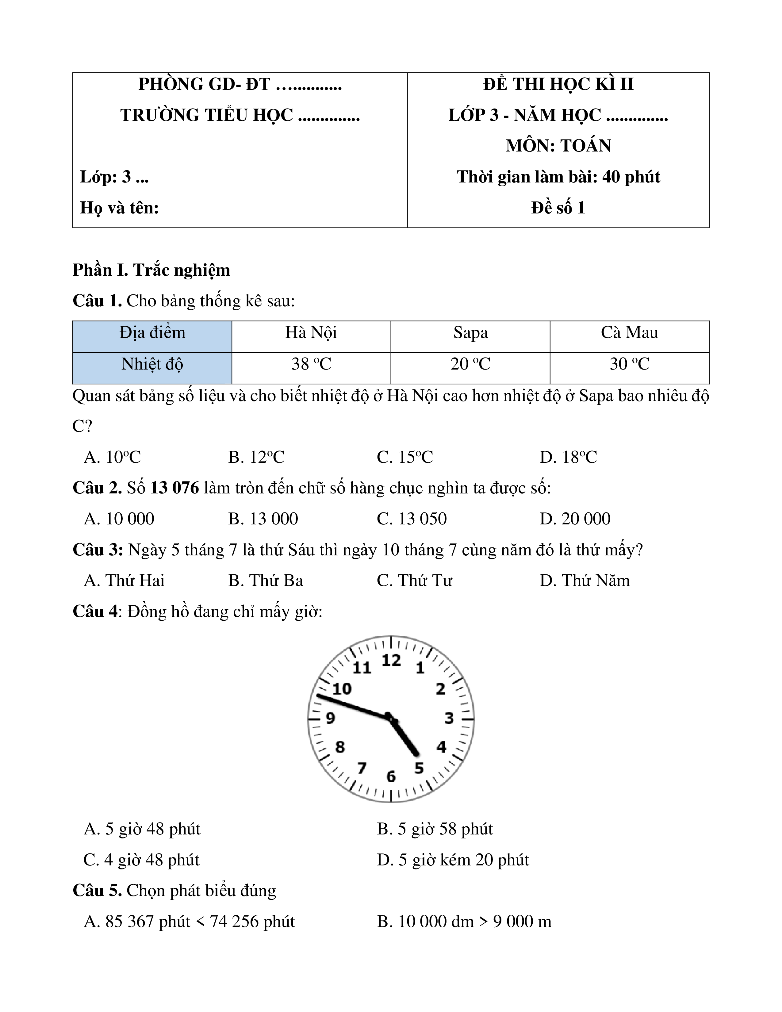 Đề thi Toán lớp 3 học kì 2 sách Cánh Diều