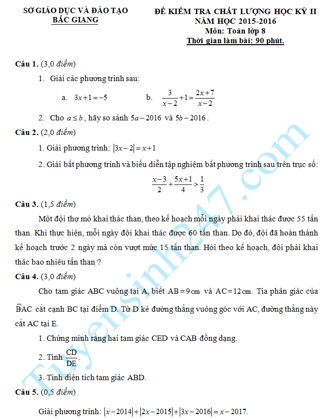 Đề Thi Toán Lớp 8 Học Kì 2