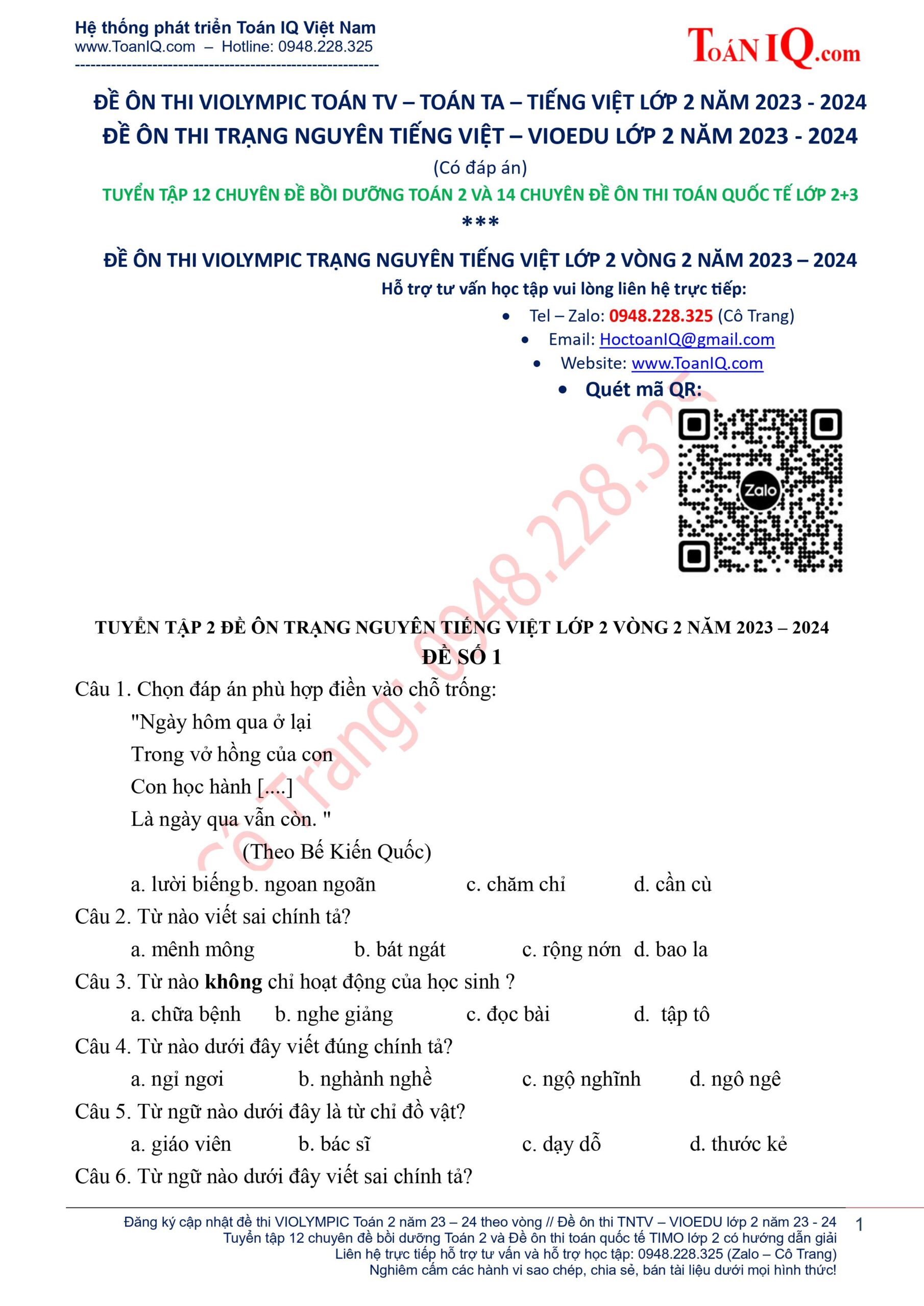 Đề Thi Trạng Nguyên Tiếng Việt Cấp Tỉnh Lớp 2