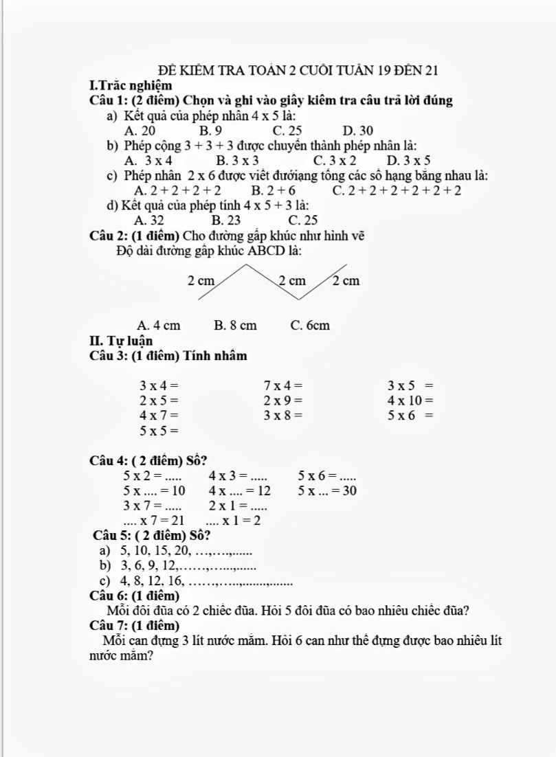 Đề Toán Cho Học Sinh Lớp 2
