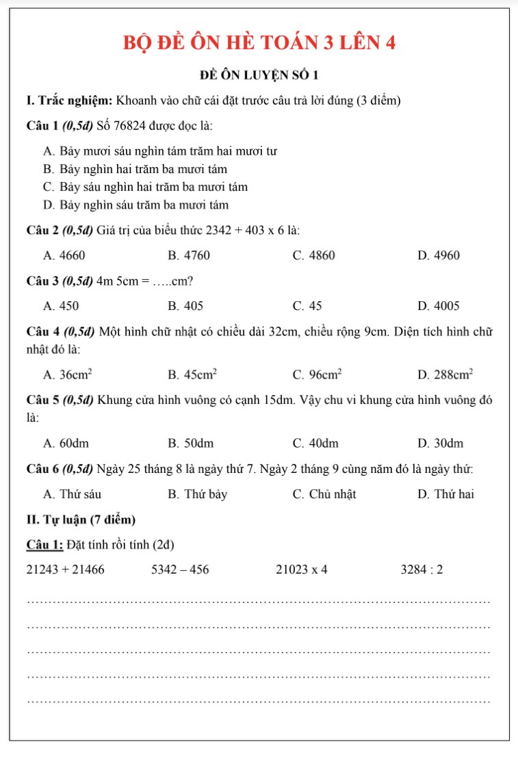 Đề Toán Ôn Tập Lớp 3