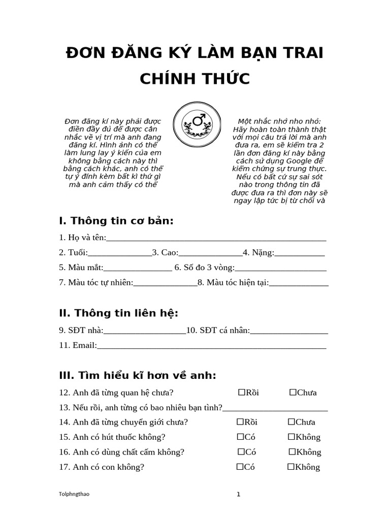 Đơn Đăng Kí Làm Bạn Trai