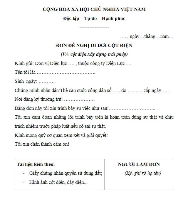 Đơn Xin Di Dời Cột Điện