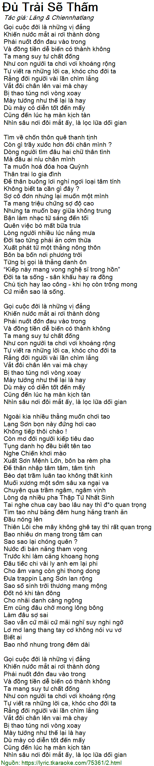 Đủ Trải Sẽ Thấm Lời Bài Hát