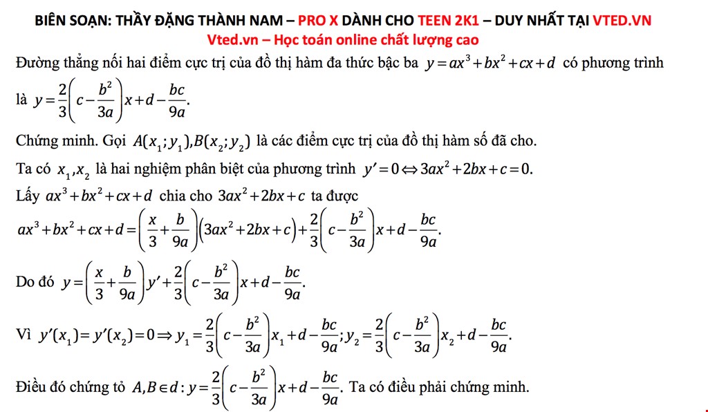 Đường thẳng đi qua 2 điểm cực trị