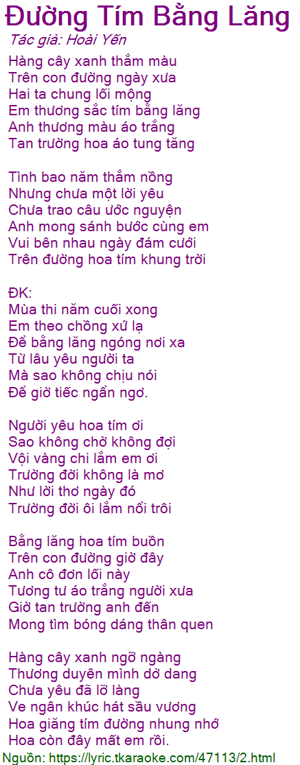 Đường Tím Bằng Lăng Lời Bài Hát