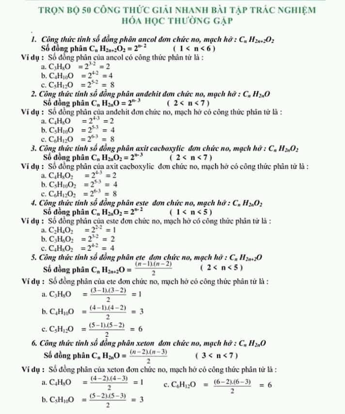 Full Công Thức Hóa Học Lớp 12