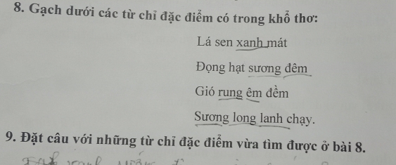 Gạch dưới các từ chỉ đặc điểm trong khổ thơ "Lá sen xanh mát"