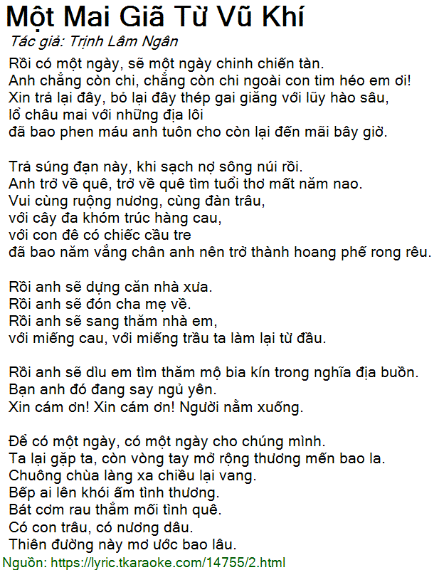 Giã Từ Vũ Khí Lời Bài Hát