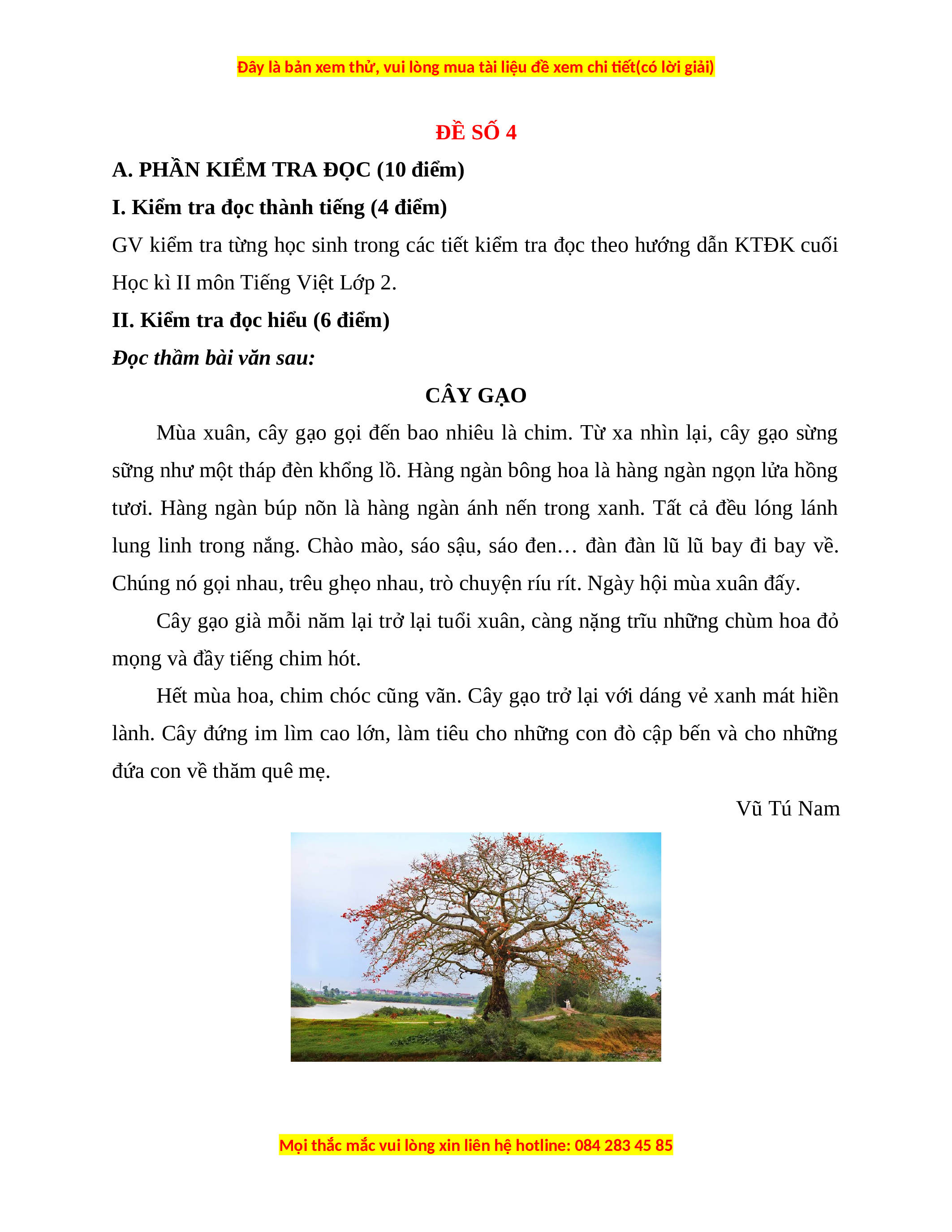 Giải Bài Cây Gạo Lớp 2
