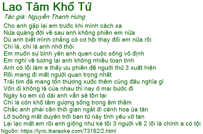 Lời Bài Hát Thanh Hưng Lao Tâm Khổ Tứ Gallery 1