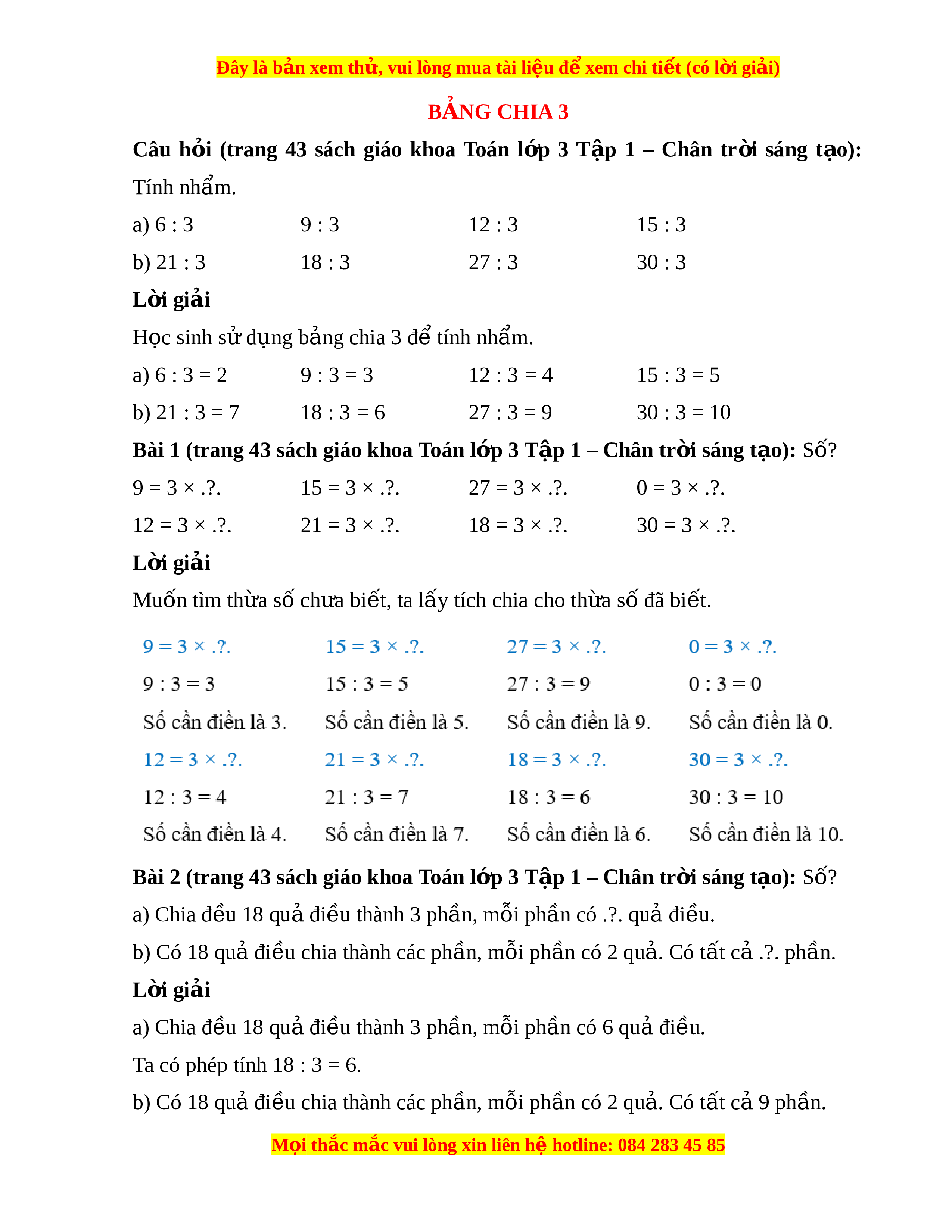 Giải Toán Lớp 3 Chân Trời Sáng Tạo