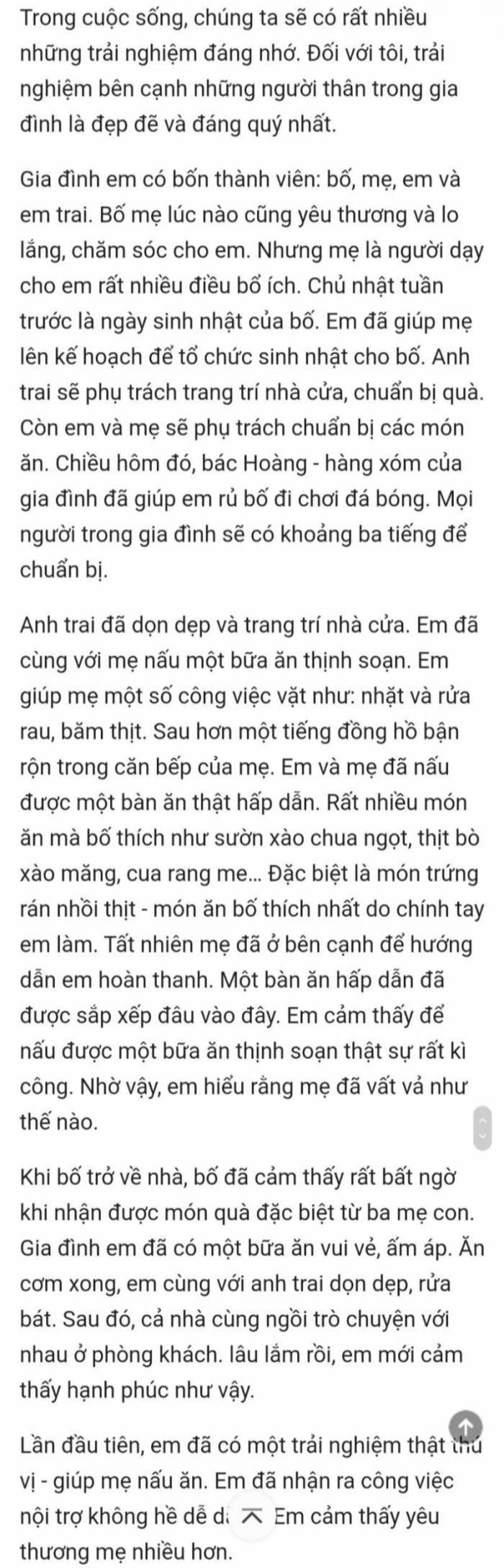 Kể lại một trải nghiệm đáng nhớ bên cạnh người thân hoặc gia đình em