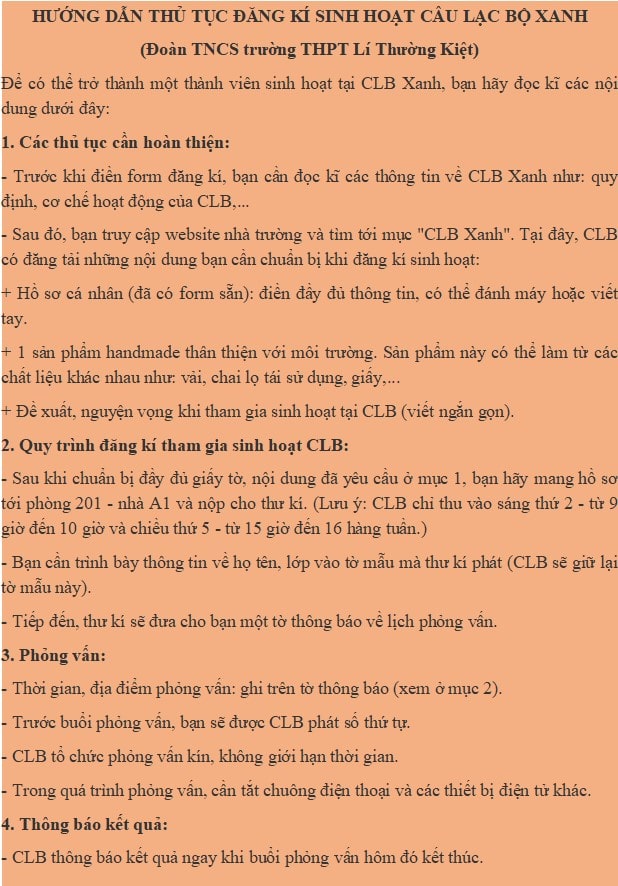 Hướng dẫn thủ tục đăng ký sinh hoạt một câu lạc bộ được tổ chức trong trường học